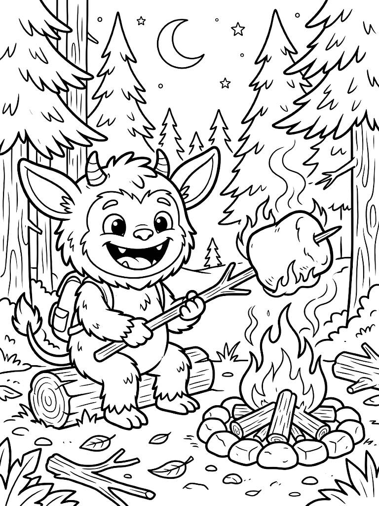 Labubu Monster Character Roasting A Giant Fluffy Marshmallow On A Stick Over A Cozy Crackling Campfire In A Pine Forest Coloring Page