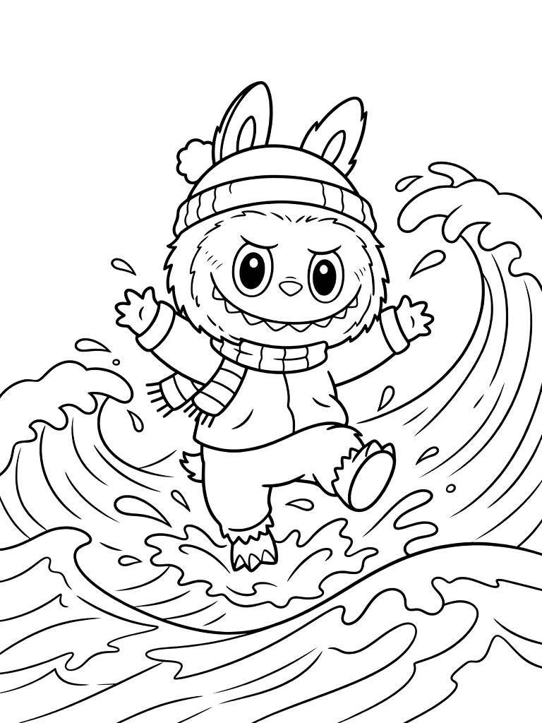 Labubu Playing In Ocean Waves Coloring Page