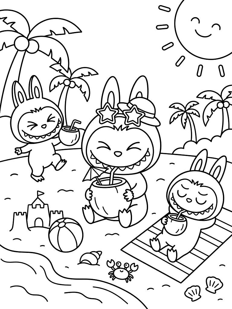 Labubu Summer Beach Party & Coconut Drinks Coloring Page