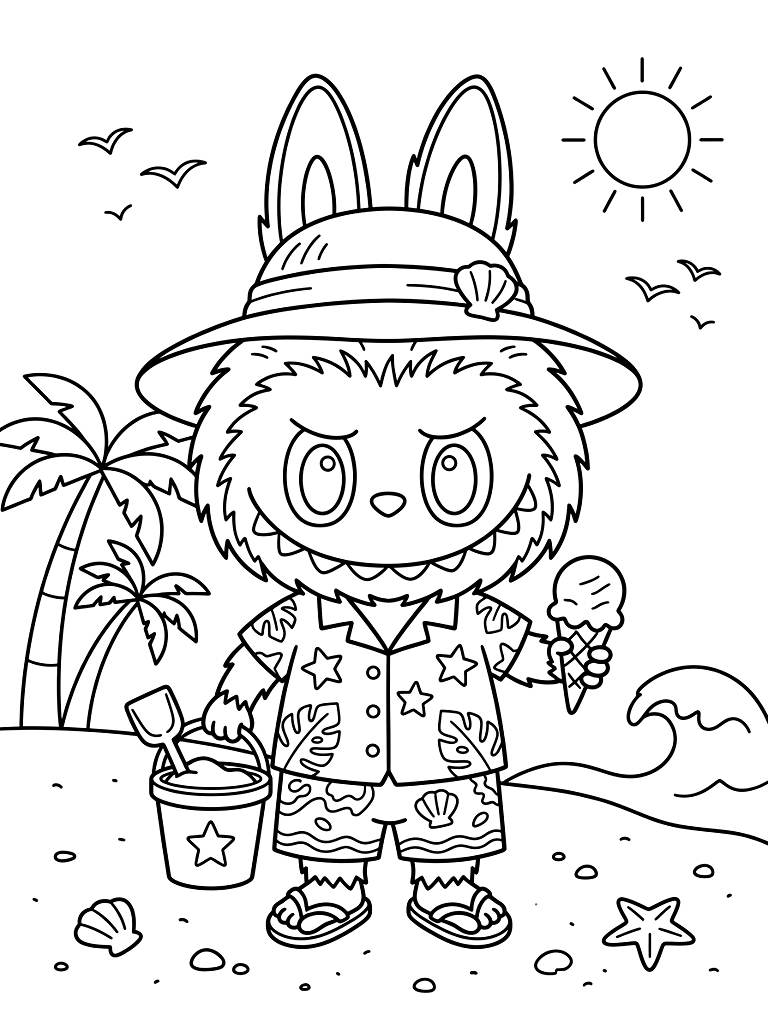 Labubu Summer Beach Vacation Outfits Coloring Page