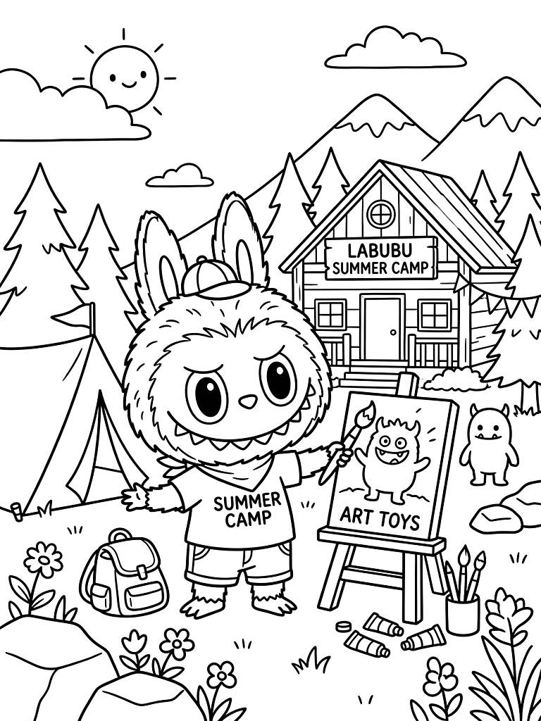 Labubu Summer Camp & Art Toys Coloring Page