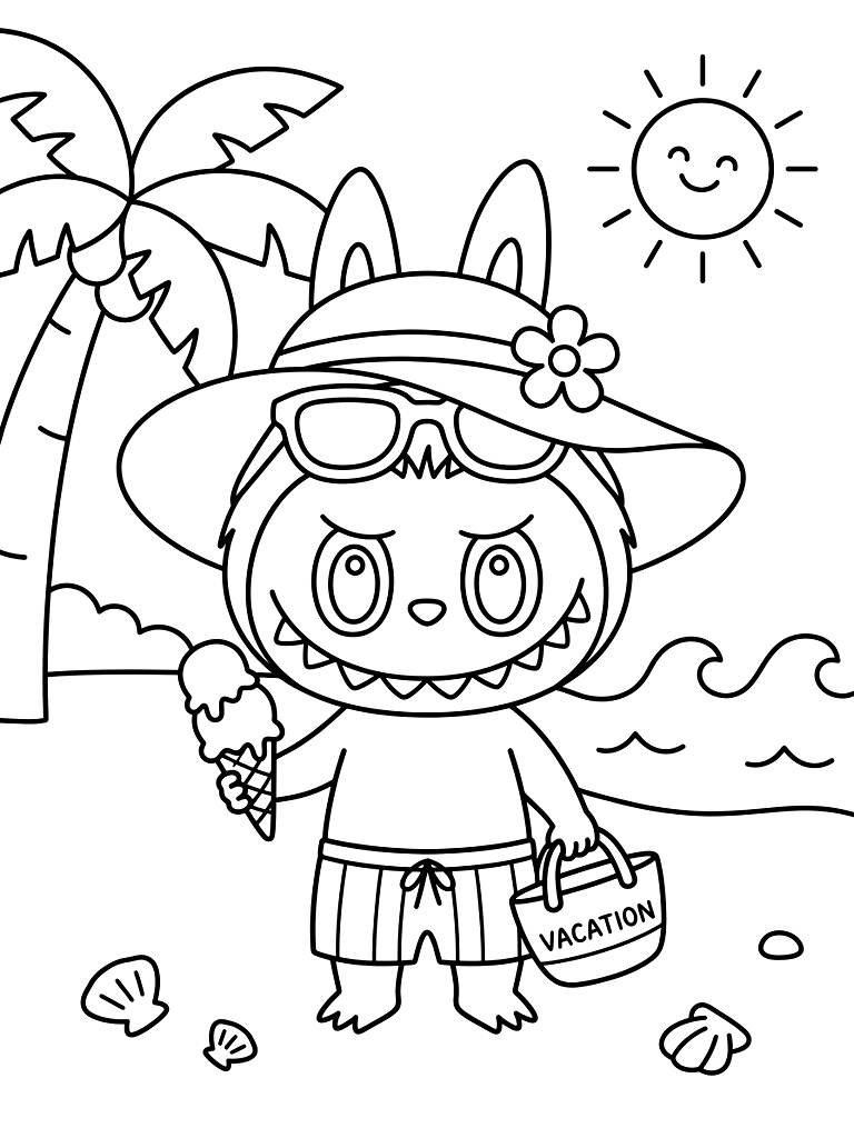 Labubu Summer Vacation Aesthetic Coloring Page
