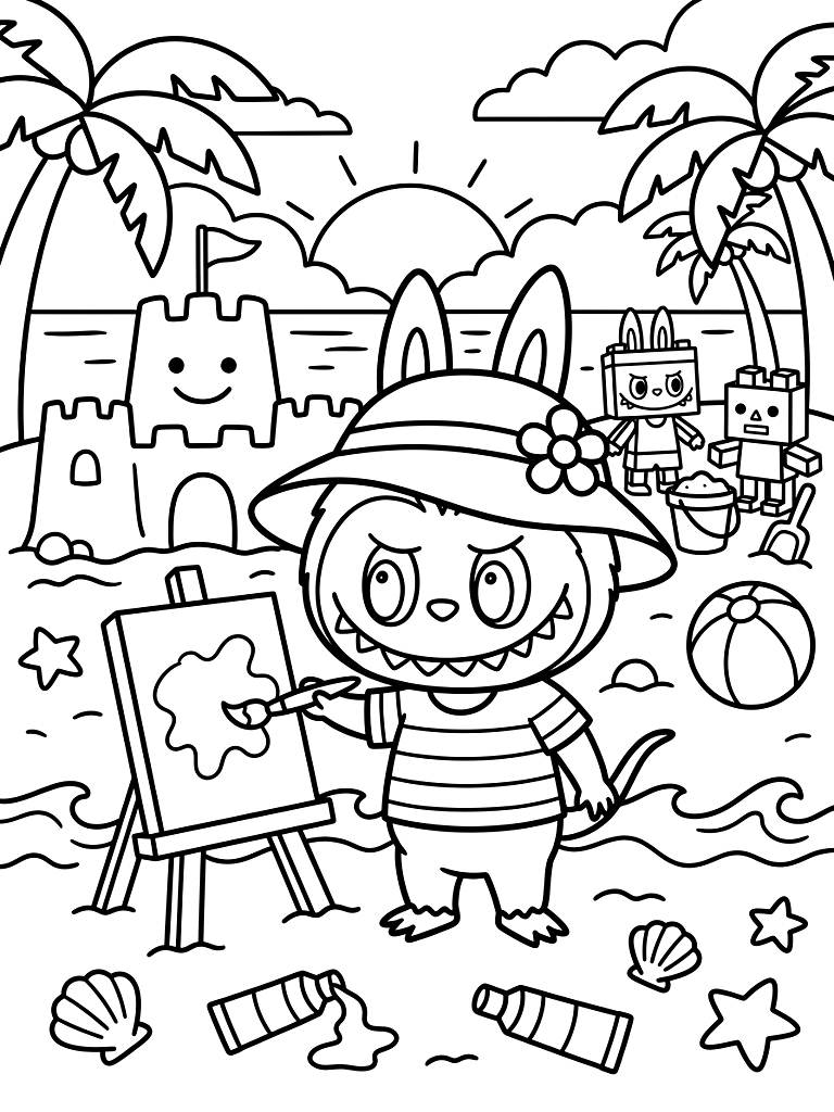 Labubu Summer Vacation & Art Toys Coloring Page