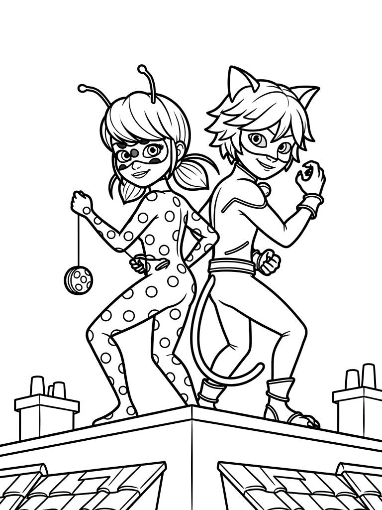 Ladybug And Cat Noir Standing Back-to-back On A Paris Rooftop Coloring Page
