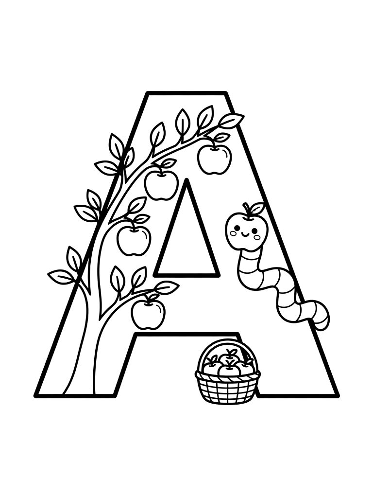 Large Capital Letter A Decorated With A Sweet Apple Tree Branch Coloring Page