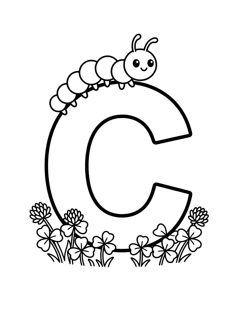 Large Capital Letter C Decorated With A Friendly Caterpillar And A Cluster Of Clover Flowers At The Base Coloring Page