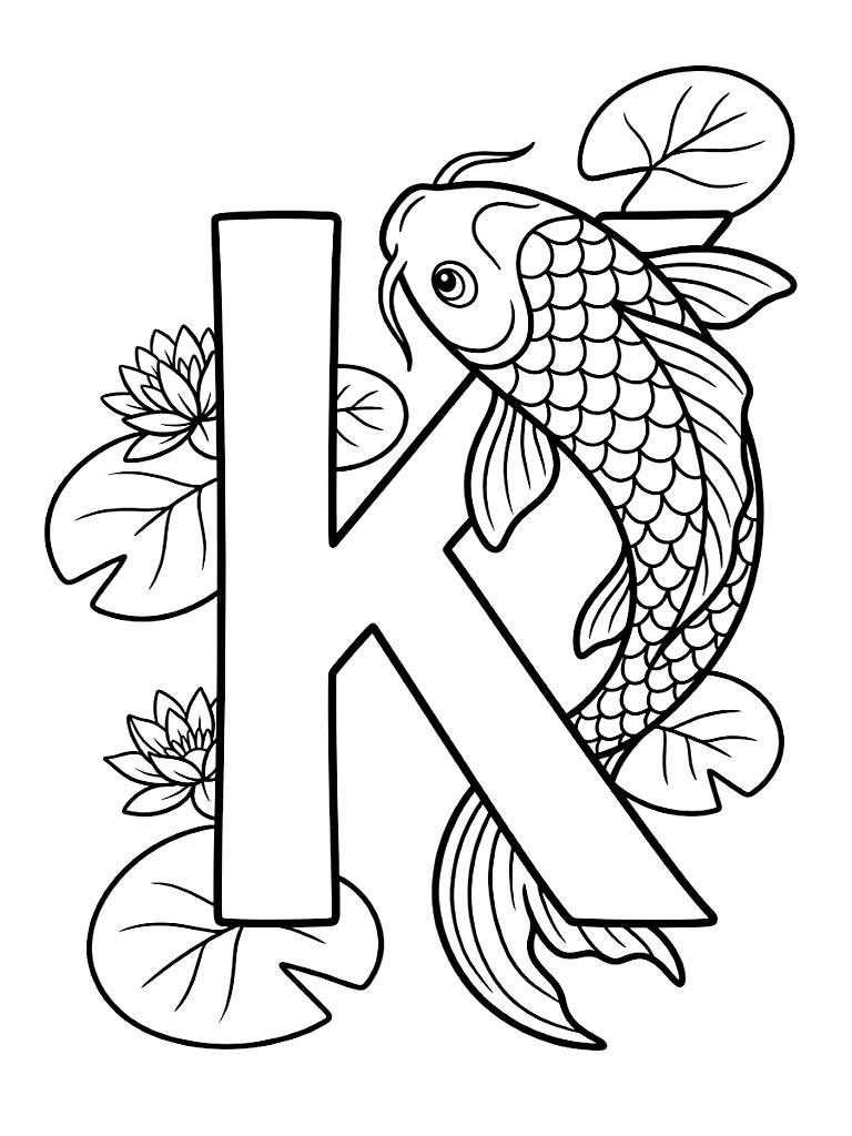 Large Capital Letter K Beautifully Intertwined With A Graceful Swimming Koi Fish And Elegant Floating Water Lily Pads Coloring Page