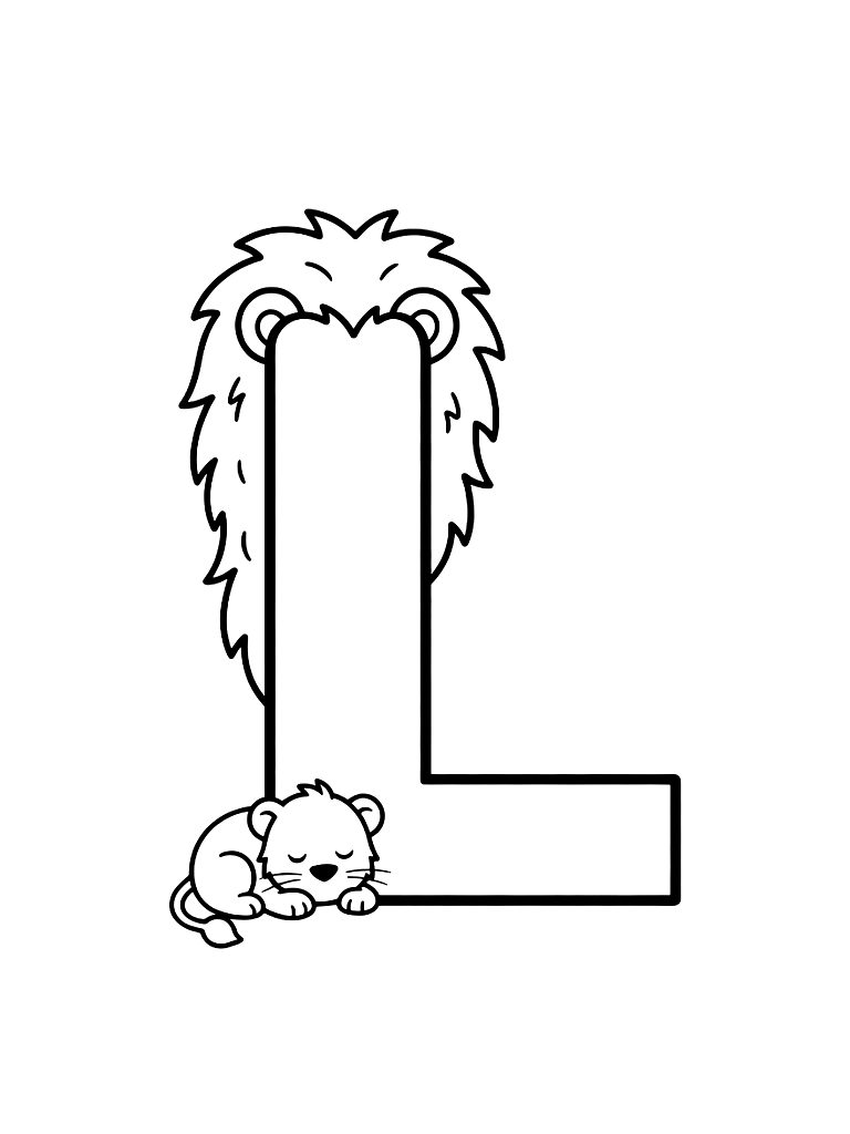 Large Capital Letter L Decorated With A Lion's Mane And A Small Lion Cub Sleeping At The Base Coloring Page