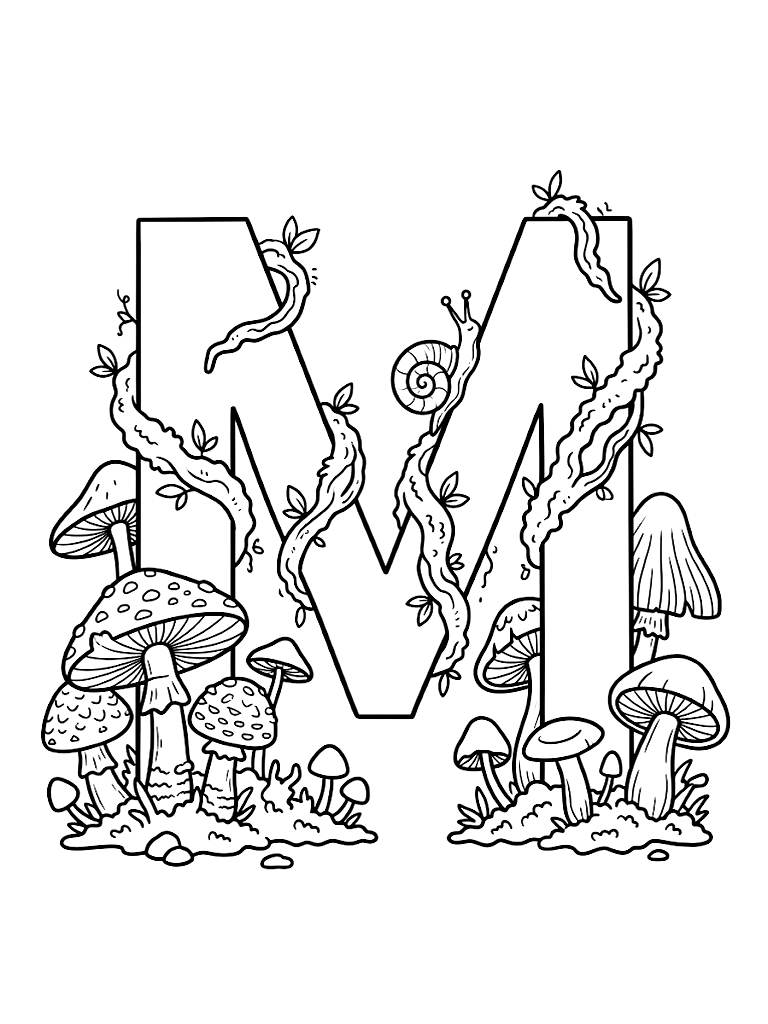 Large Capital Letter M Beautifully Intertwined With A Cluster Of Highly Detailed Forest Mushrooms Winding Moss And A Tiny Crawling Snail Coloring Page