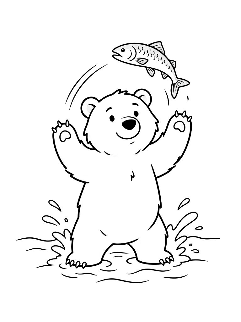 Large Grizzly Bear Standing In A Rushing River Attempting To Catch A Leaping Salmon With Its Paws Coloring Page