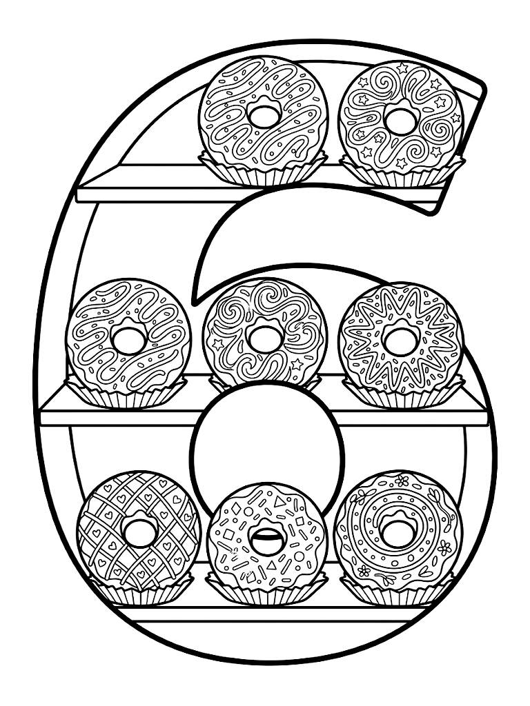Large Number 6 Decorated As A Bakery Display Shelf Holding Exactly Six Intricately Frosted And Sprinkled Donuts Coloring Page