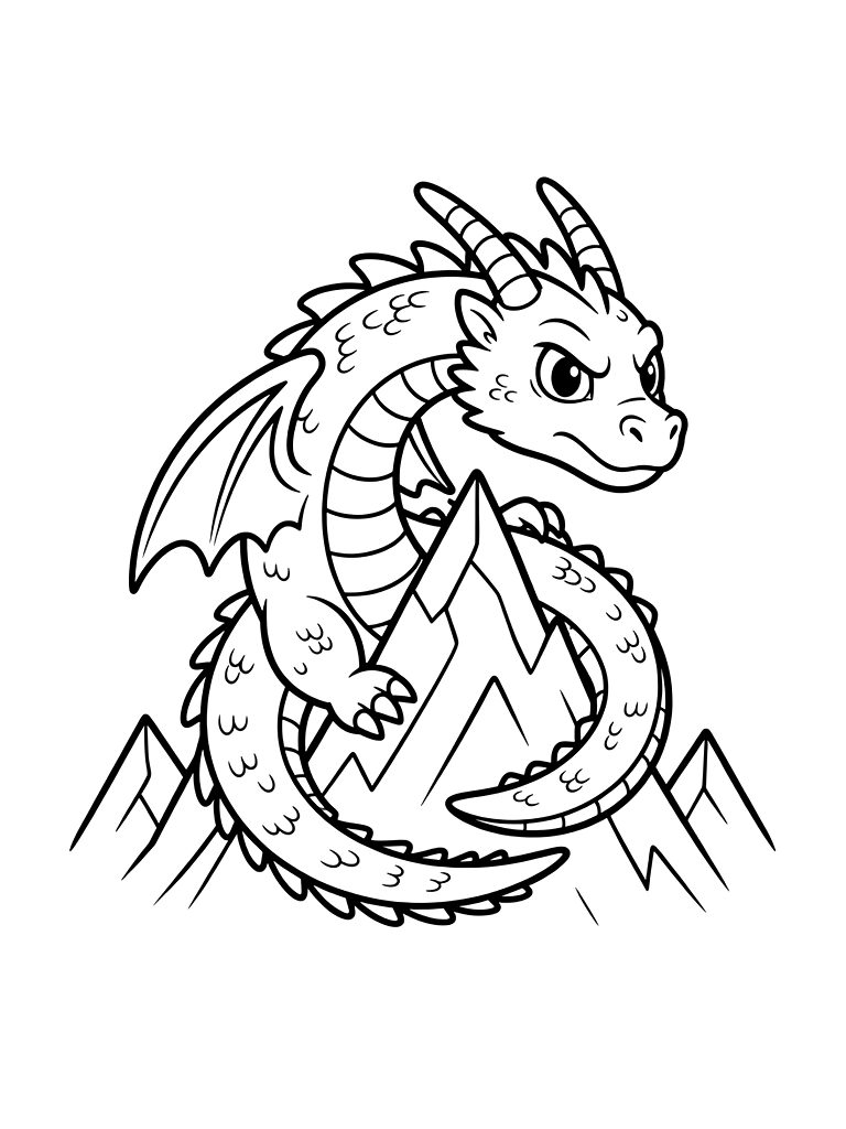 Large Scaly Dragon Curled Around A Jagged Mountain Peak With Its Wings Tucked In And A Piercing Gaze Coloring Page