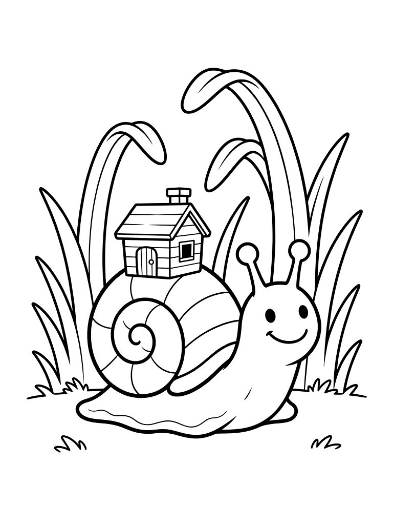 Large Snail With A Tiny Wooden House Built On Its Shell Traveling Through A Garden Of Giant Grass Coloring Page