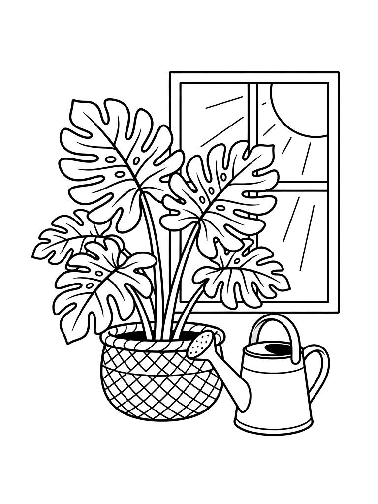 Large Split-leaf Philodendron In A Woven Basket Next To A Watering Can And A Sun-drenched Window Coloring Page
