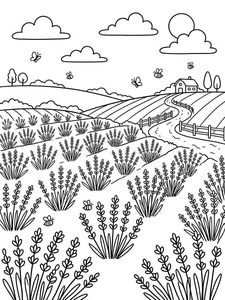 Lavender Fields And Purple Botanical Aesthetic Coloring Page