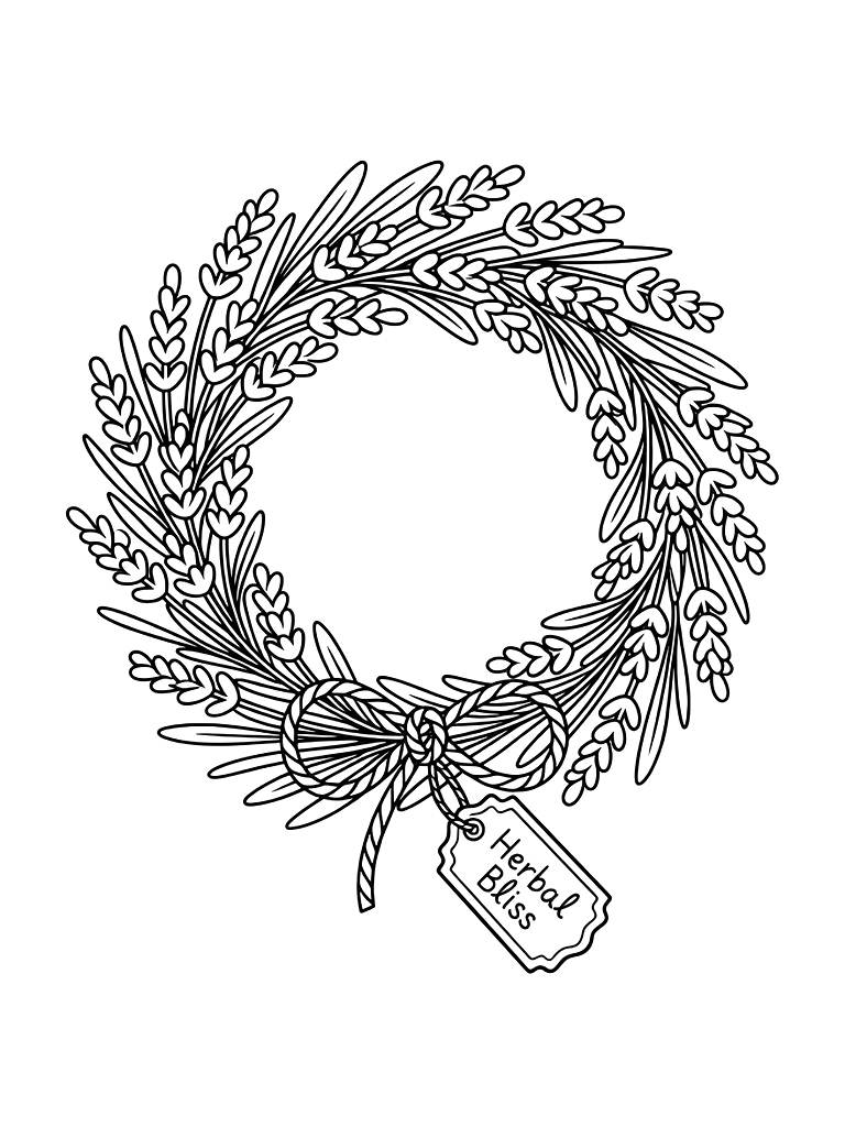 Lavender Wreath Tied With A Rustic Twine Bow And A Small Vintage Tag That Says Herbal Bliss Coloring Page
