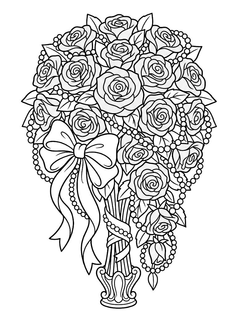 Lavish Marie Antoinette Inspired Bouquet Of Cascading Pastel Pink Roses With Pearl Strings And Oversized Silk Ribbon Bows Coloring Page