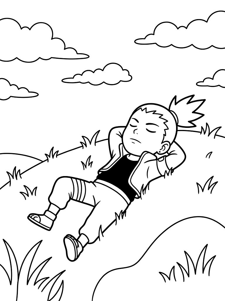 Lazy Shikamaru Nara Relaxing On A Soft Grassy Hill With His Hands Behind His Head Peacefully Watching The Clouds Drift By Coloring Page