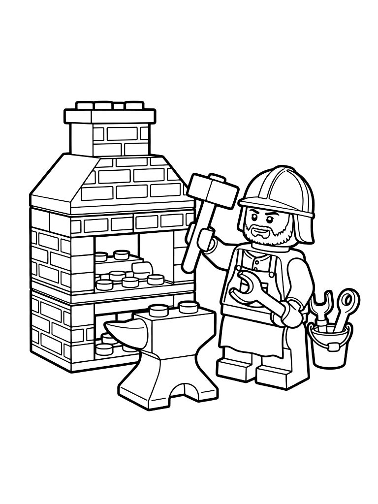 Lego-style Medieval Blacksmith Shop With A Brick-built Forge And Anvil Coloring Page