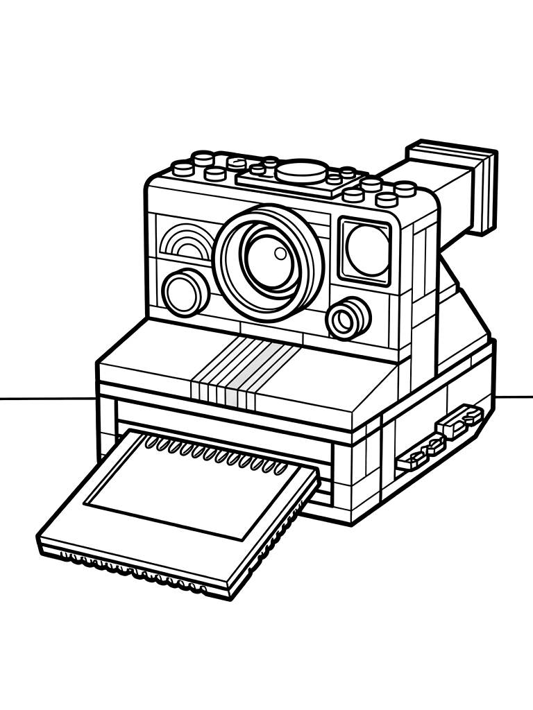 Lego-style Retro Polaroid Camera Set Built Entirely Out Of Toy Bricks With A Plastic Photo Ejecting From The Front Slot Coloring Page
