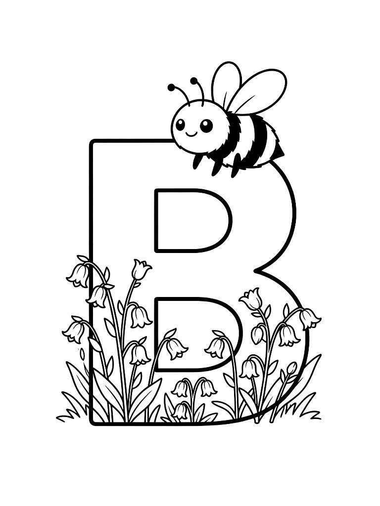 Letter B With A Large Bumblebee And A Field Of Bluebells Coloring Page