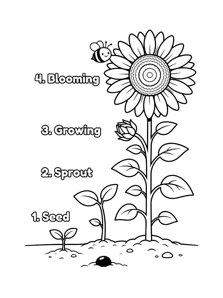 Life Cycle Of A Sunflower From A Tiny Seed In The Dirt To A Tall Blooming Flower With A Bee Coloring Page