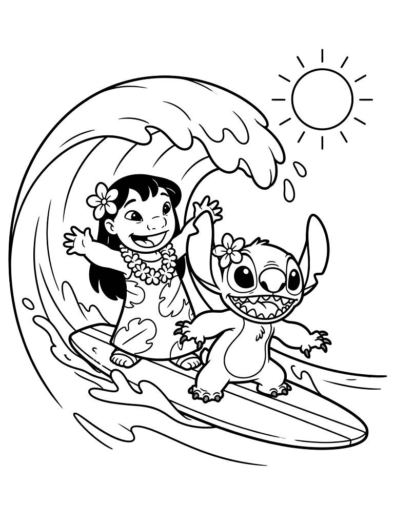 Lilo & Stitch Surfing On Giant Summer Waves Coloring Page