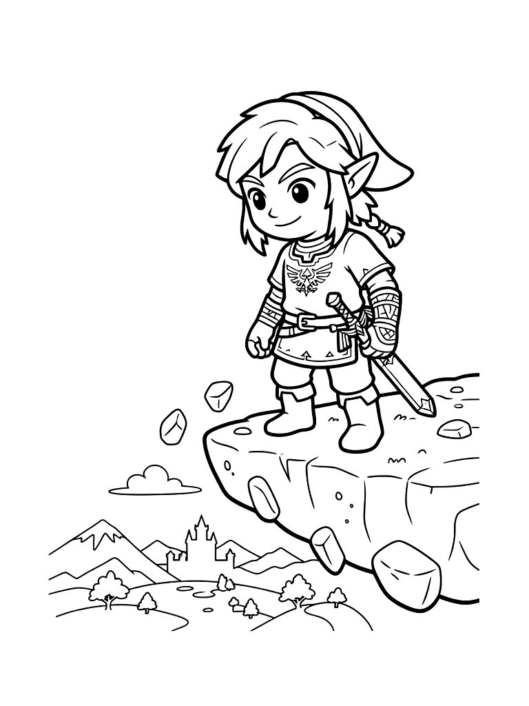 Link From The Legend Of Zelda: Tears Of The Kingdom Standing On A Floating Sky Island Looking Down At Hyrule Coloring Page