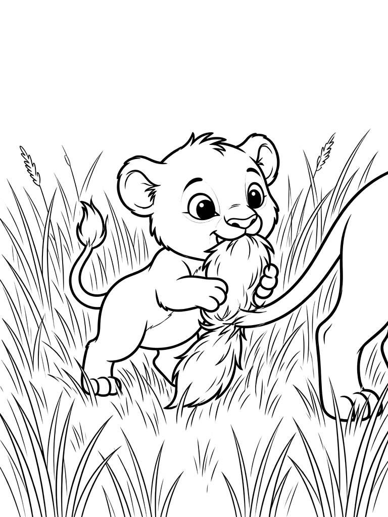 Lion Cub Playing With Its Father's Tail In The Tall Golden Savanna Grass Coloring Page