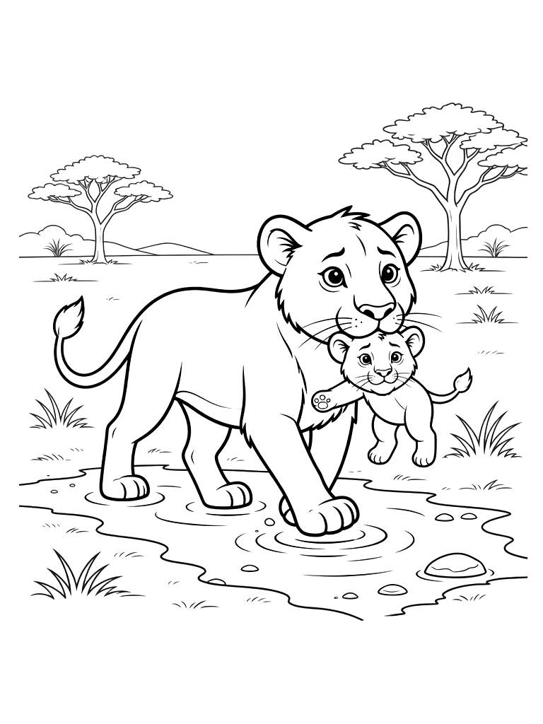 Lioness Carrying A Small Cub In Her Mouth Across A Shallow Stream In The Savanna Coloring Page