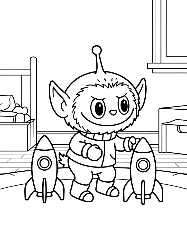 Little Green Alien Toy From Toy Story Standing Next To A Miniature Plastic Retro Rocket Ship Toy In A Child's Bedroom Setting Coloring Page