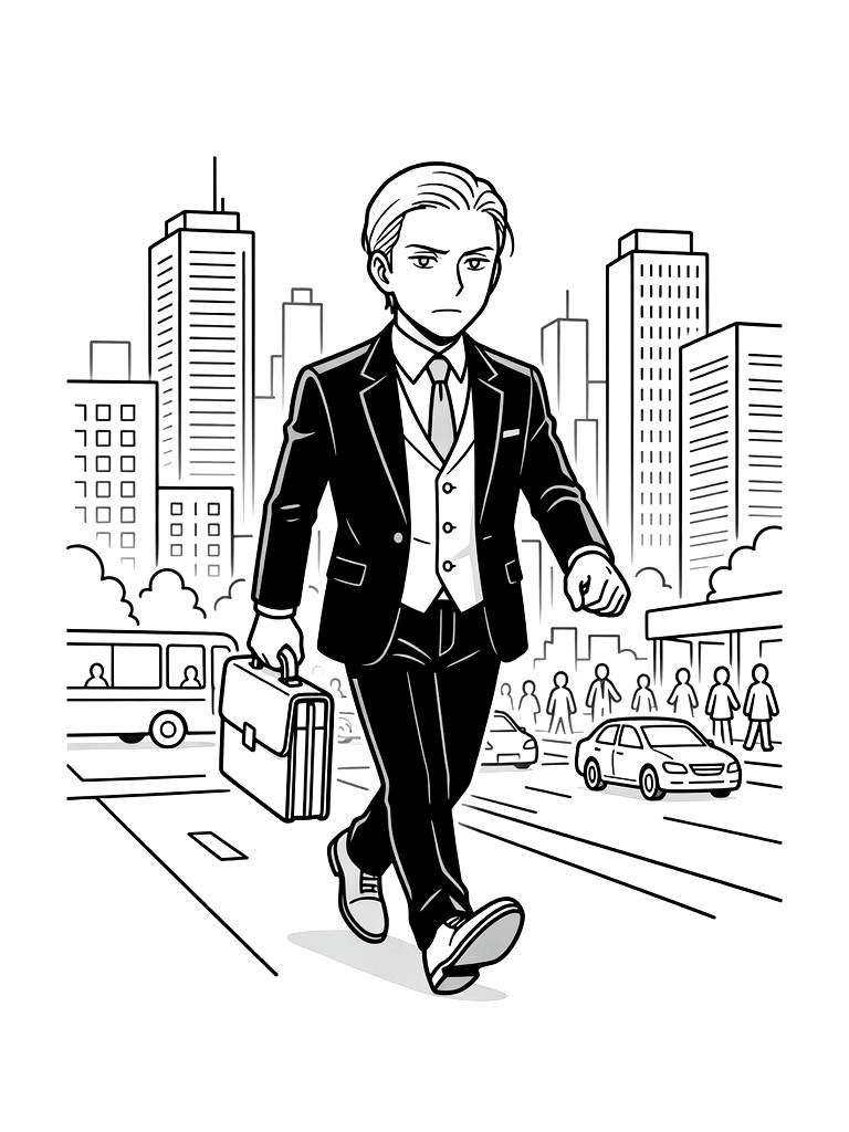 Loid Forger In His Secret Agent Suit Holding A Briefcase And Walking Through A Bustling City Coloring Page