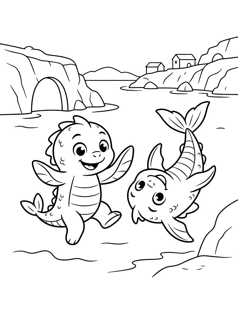 Luca And Alberto In Their Sea Monster Forms Swimming Near The Italian Coast With Underwater Caves Coloring Page