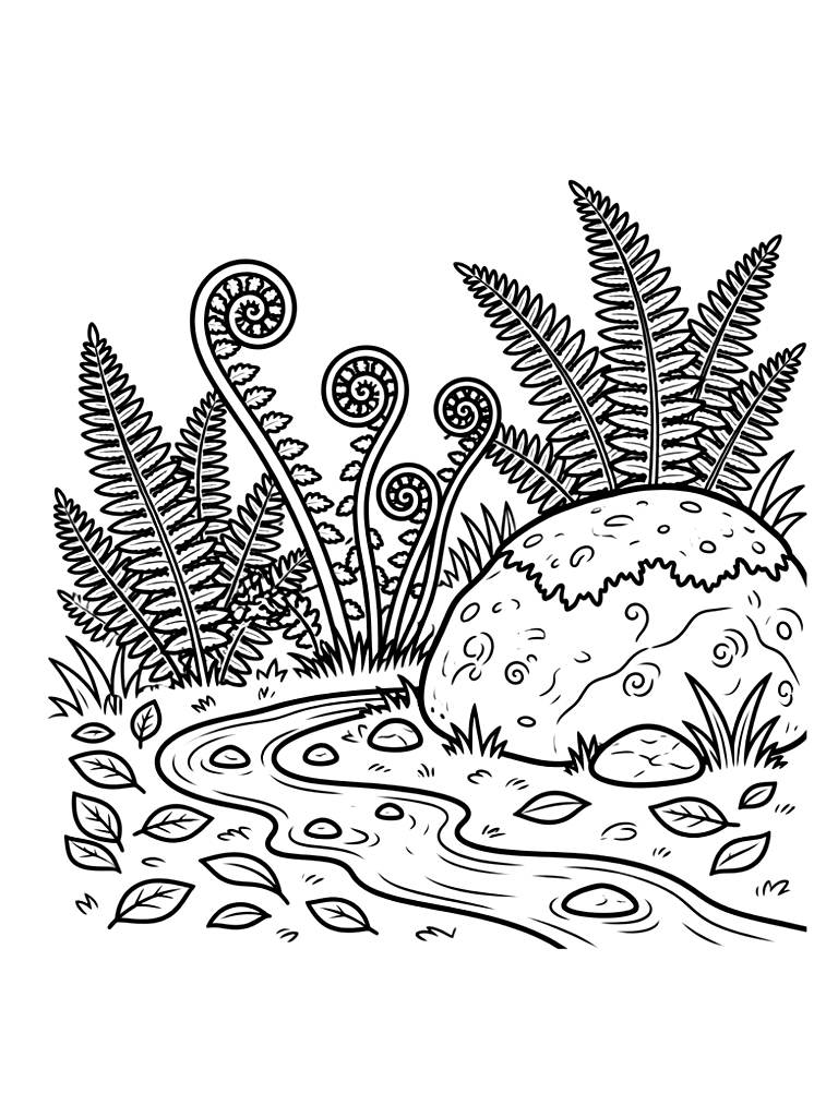 Lush Forest Floor With Ostrich Ferns Unfurling Their Fiddleheads Next To A Mossy Rock And A Tiny Brook Coloring Page