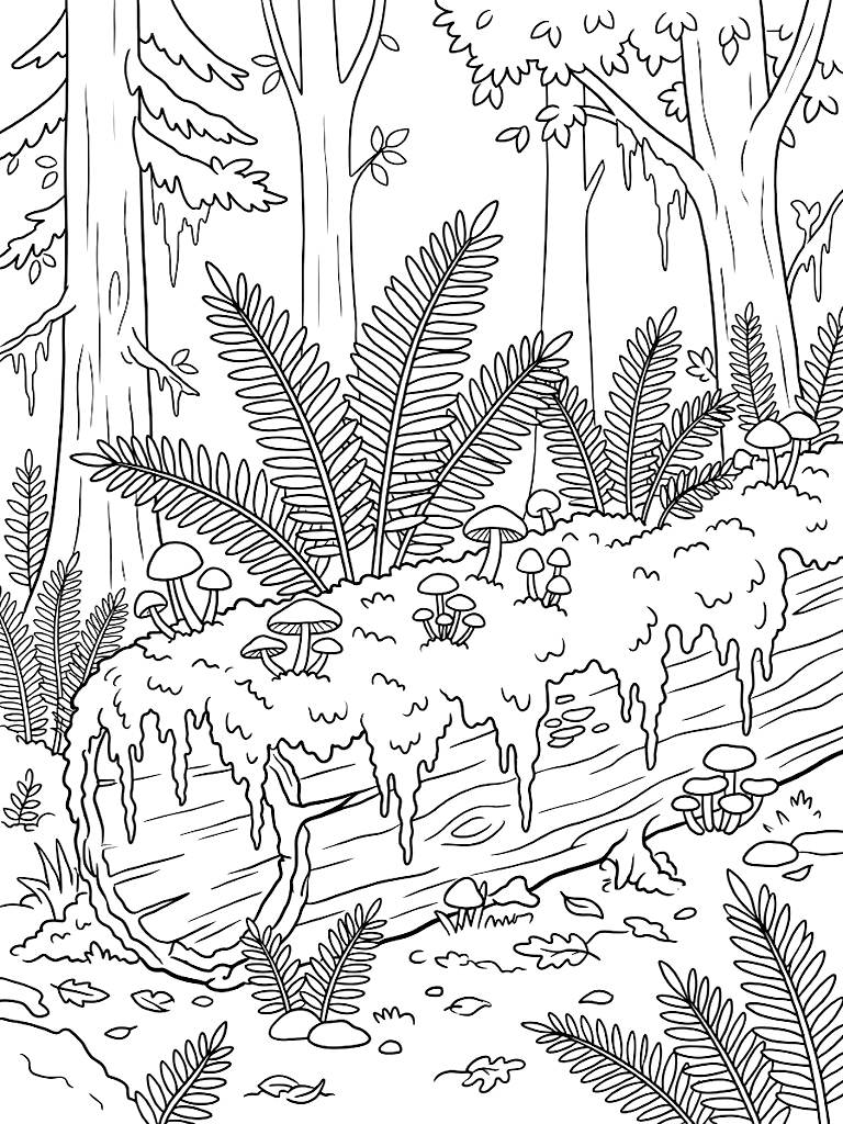 Lush Temperate Rainforest Scene Featuring A Massive Moss-Draped Nurse Log Sprouting Giant Sword Ferns And Delicate Fungi Coloring Page