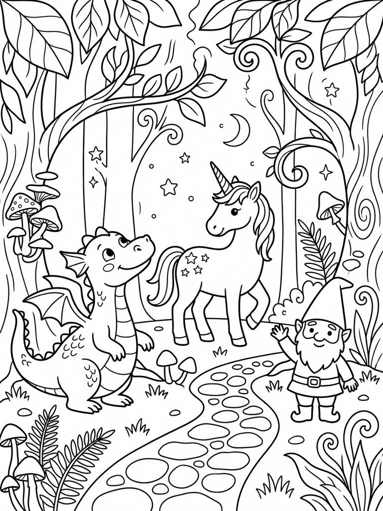 Magical Creatures In Enchanted Forest Coloring Page