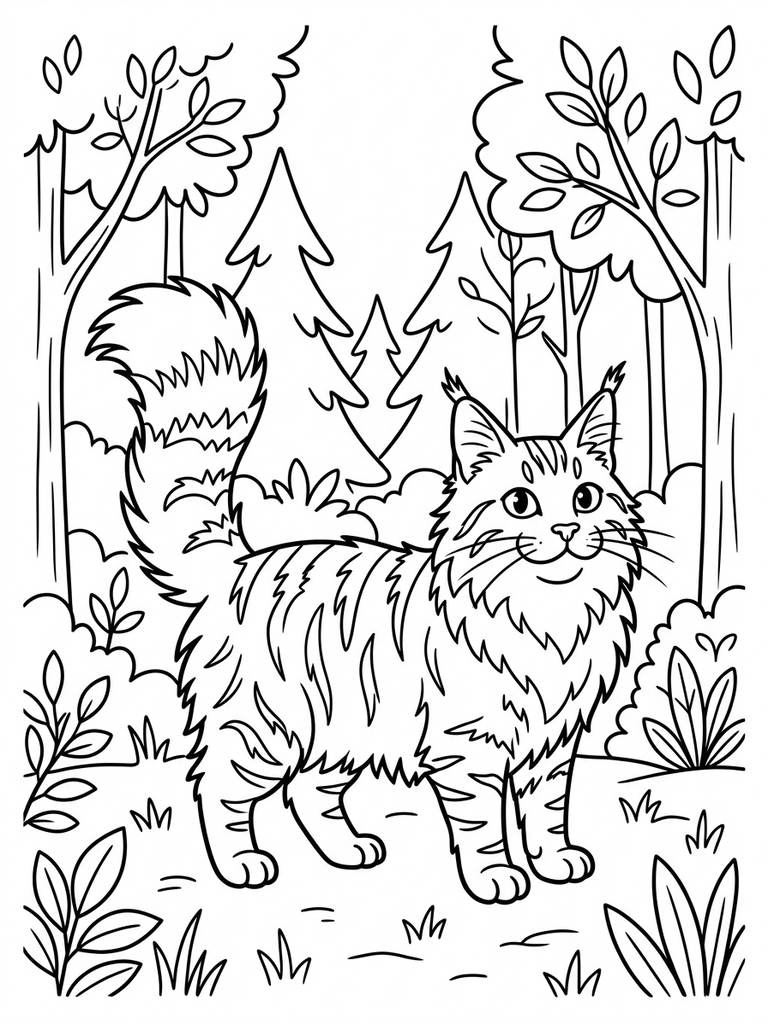 Maine Coon Cat, Standing In A Forest Coloring Page