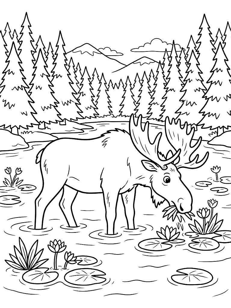 Majestic Bull Moose Wading Through A Still Alpine Lake Feeding On Water Lilies With A Dense Pine Forest Background Coloring Page
