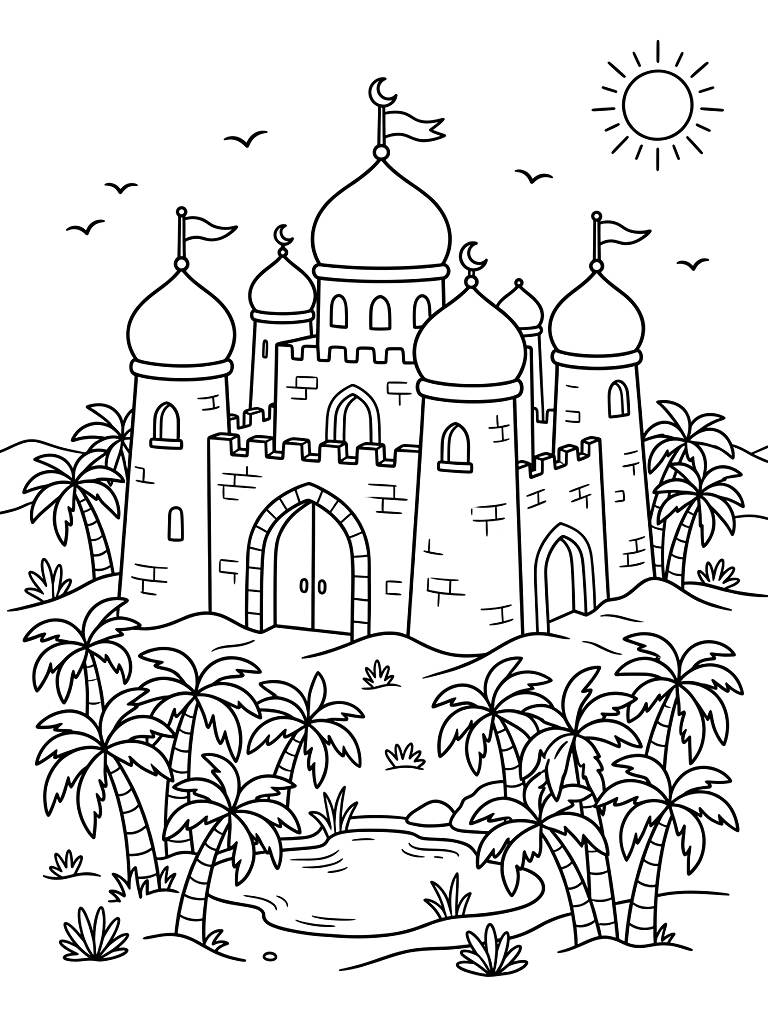 Majestic Desert Sandcastle Fortress With Domed Towers And Arched Gateways Surrounded By A Lush Green Palm Tree Oasis Coloring Page
