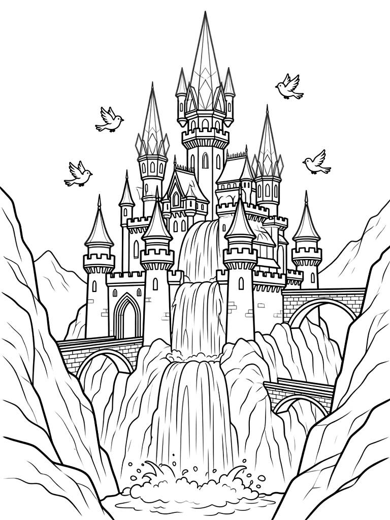 Majestic Fantasy Castle Built Into A Towering Mountain Waterfall With Stone Arch Bridges Coloring Page