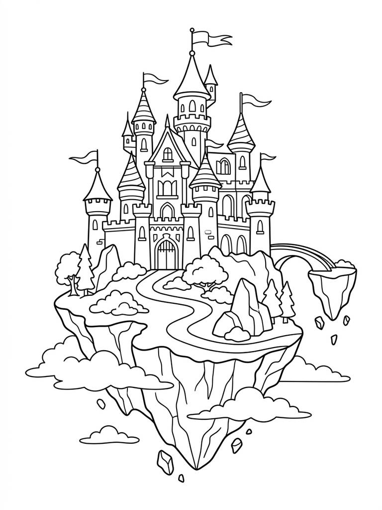 Majestic Fantasy Castle On A Hill / Floating Castle Coloring Page