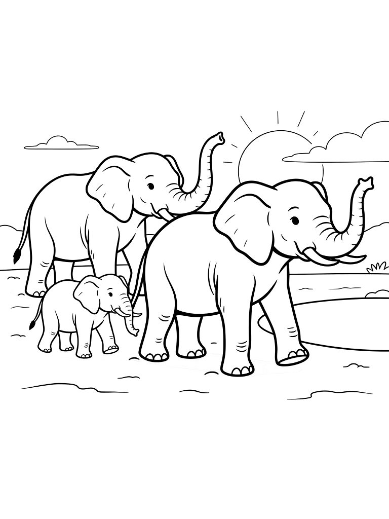 Majestic Herd Of Elephants Walking Across A Dusty Plain Toward A Large Watering Hole At Sunset Coloring Page