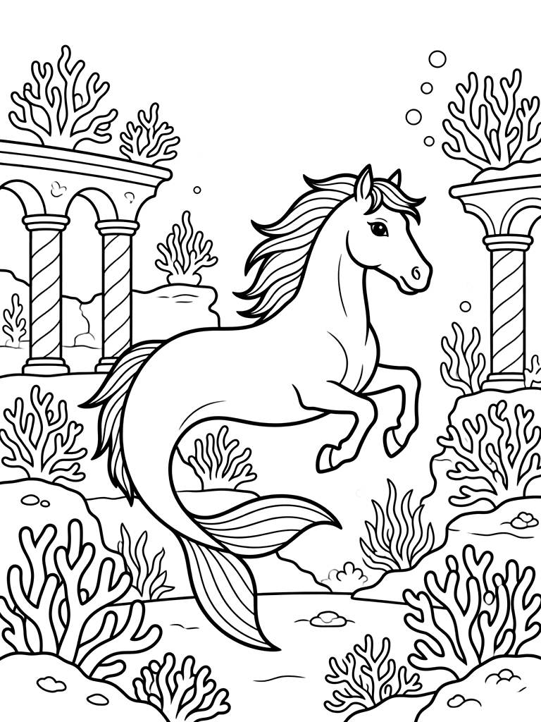 Majestic Hippocampus Half-horse Half-fish Creature Swimming Through An Underwater Coral Palace Coloring Page