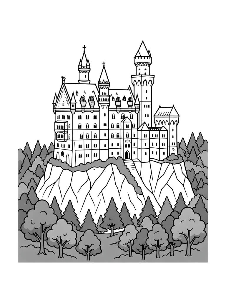 Majestic Neuschwanstein-style Castle Perched On A Rugged Cliff Surrounded By A Forest Of Bright Green Spring Trees Coloring Page