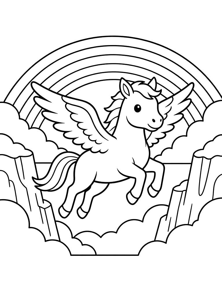 Majestic Pegasus Flying Through A Canyon Of Clouds With A Rainbow In The Background Coloring Page