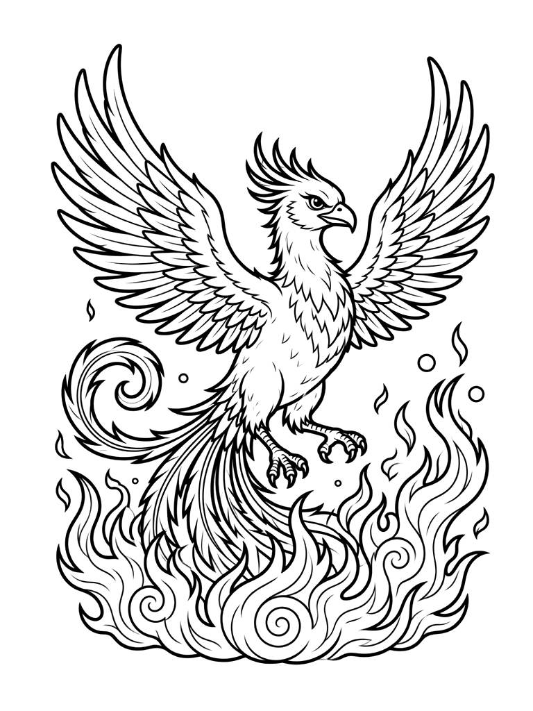 Majestic Phoenix Rising From Swirling Flames And Embers Coloring Page
