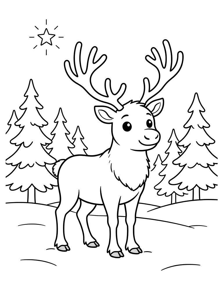 Majestic Reindeer With Large Antlers Standing In A Quiet Snow-covered Pine Forest Under The North Star Coloring Page