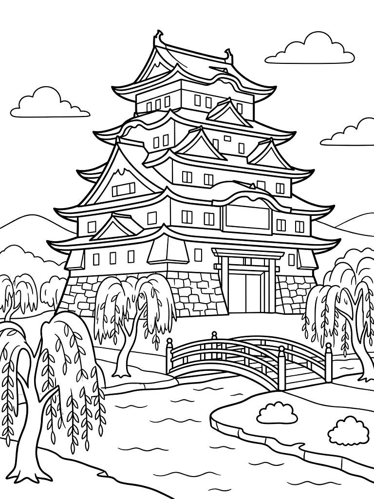 Majestic Traditional Japanese Samurai Castle With Multi-Tiered Sweeping Roofs Surrounded By A Calm Moat And Weeping Willow Trees Coloring Page