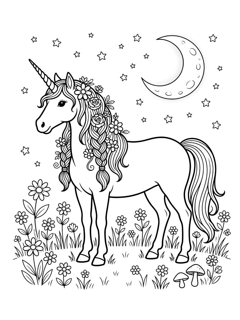 Majestic Unicorn With A Detailed Floral-braided Mane Standing Gracefully In A Dreamlike Meadow Under A Glowing Crescent Moon And Stars Coloring Page