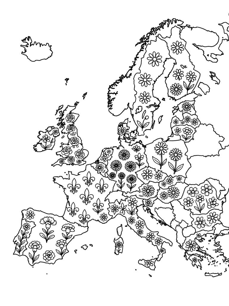 Map Of Europe With Each Country Area Filled With Its National Flower Pattern Coloring Page
